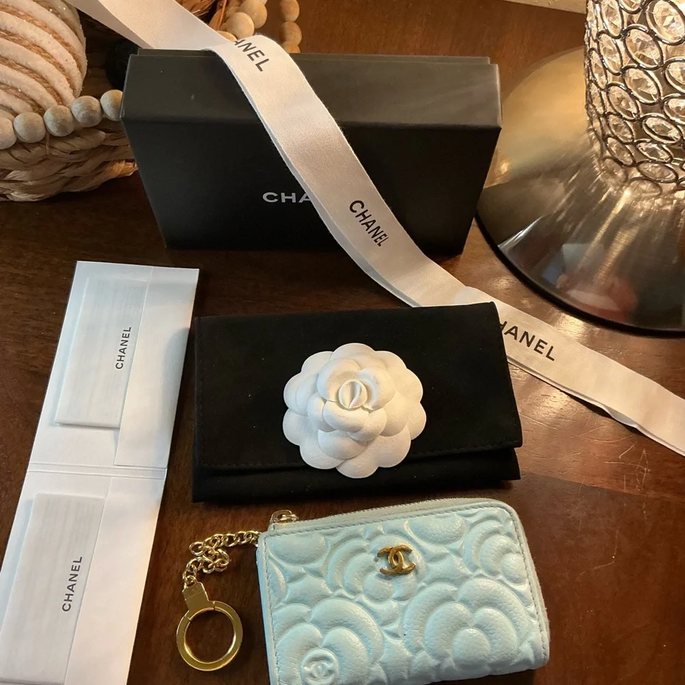 Beautiful Chanel Camellia Coco Mark Coin Case Wallet Light Blue